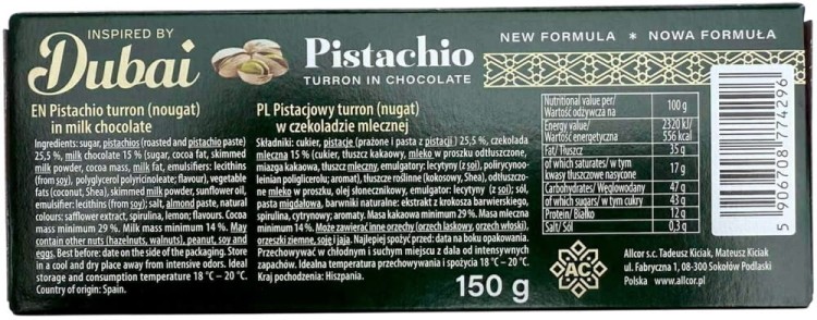 Hiszpański Pistacjowy Turron Nugat w Czekoladzie Mlecznej 150g INSPIRED BY DUBAI