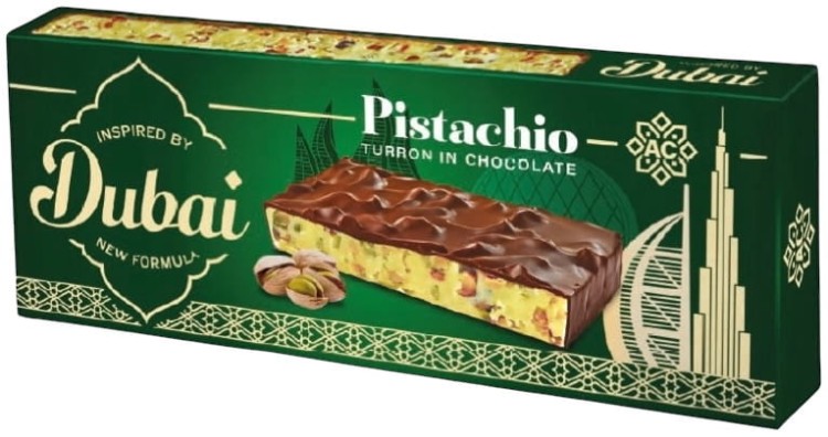 Hiszpański Pistacjowy Turron Nugat w Czekoladzie Mlecznej 150g INSPIRED BY DUBAI