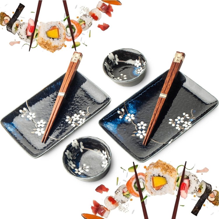 Zestaw Ceramiki Do Sushi Komplet ANEMONE BLUE Niebieski z Kwiatami Ceramika Dla 2 Osób EDO JAPAN