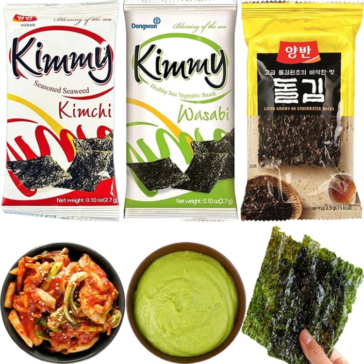 ZESTAW 3 RÓŻNE NORI SNACK Smak Kapusta KimChi Chrzan Wasabi Prażone z Solą 8,9g DONGWON