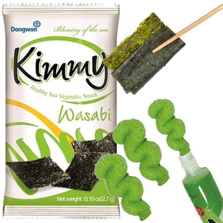 ZESTAW 3 RÓŻNE NORI SNACK Smak Kapusta KimChi Chrzan Wasabi Prażone z Solą 8,9g DONGWON