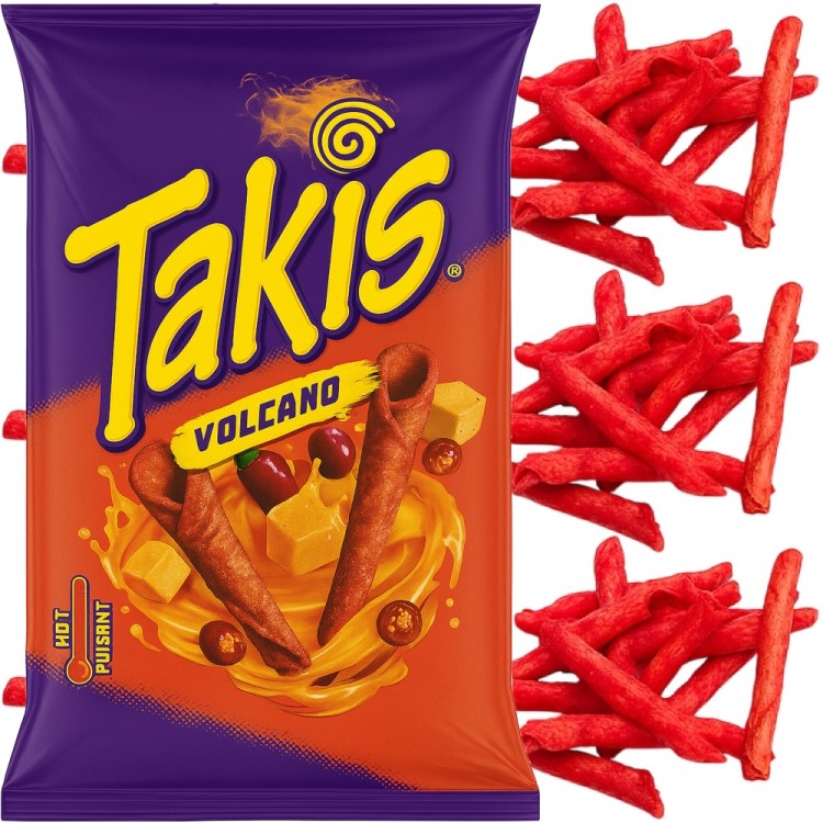 Chipsy Kukurydziane Tortilla Chips Ostre Serowe Volcano 100g TAKIS