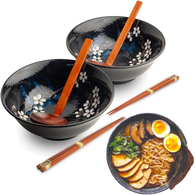 Zestaw Miseczki Chochelki i Pałeczki Do Zupy i Makaronu Ramen Motyw ANEMONE BLUE EDO JAPAN