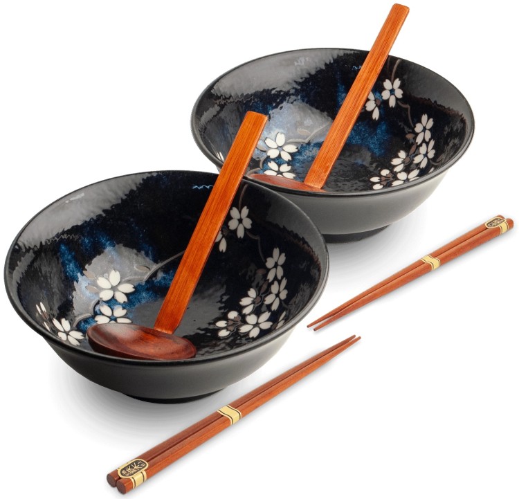 Zestaw Miseczki Chochelki i Pałeczki Do Zupy i Makaronu Ramen Motyw ANEMONE BLUE EDO JAPAN