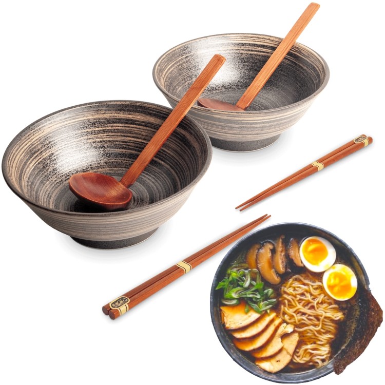 Zestaw Miseczki Chochelki i Pałeczki Do Zupy i Makaronu Ramen Motyw UZU BROWN EDO JAPAN