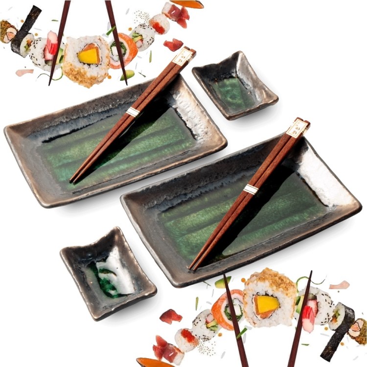 Zestaw Ceramiki Do Sushi Komplet Brązowo-Zielony Ceramika Dla 2 Osób EDO JAPAN