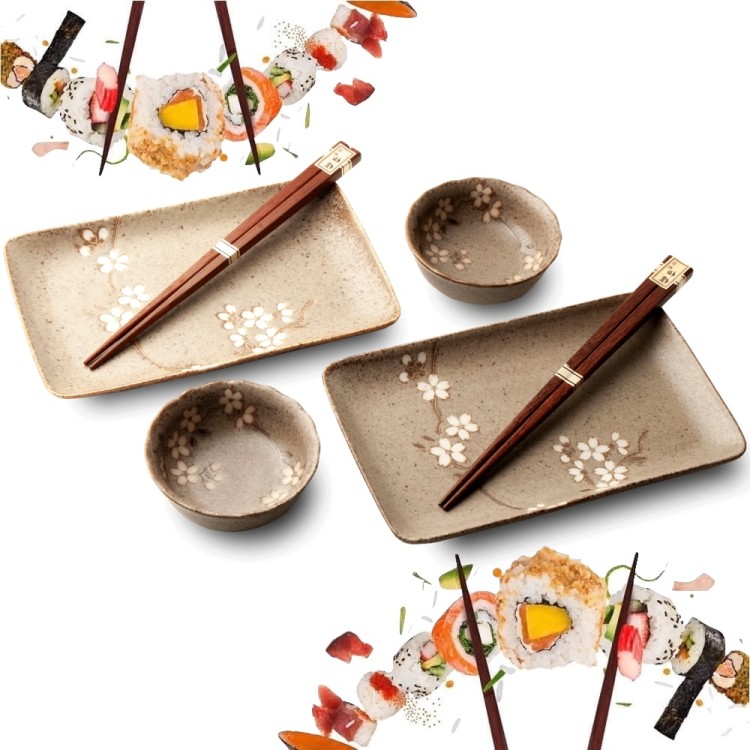 Zestaw Ceramiki Do Sushi Brązowy Komplet ANEMONE TAUPE Ceramika Dla 2 Osób EDO JAPAN