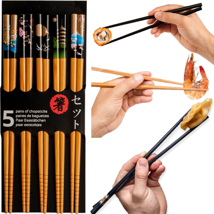 Jasne Drewniane Pałeczki z Czarno Złotym Motywem Japonii Do Sushi 5 Par 22,5cm EMRO AZIATICA