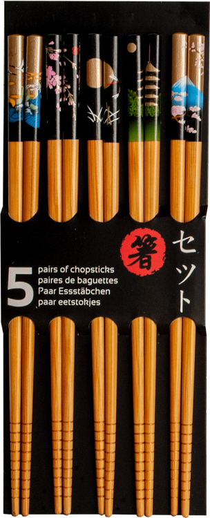 Jasne Drewniane Pałeczki z Czarno Złotym Motywem Japonii Do Sushi 5 Par 22,5cm EMRO AZIATICA