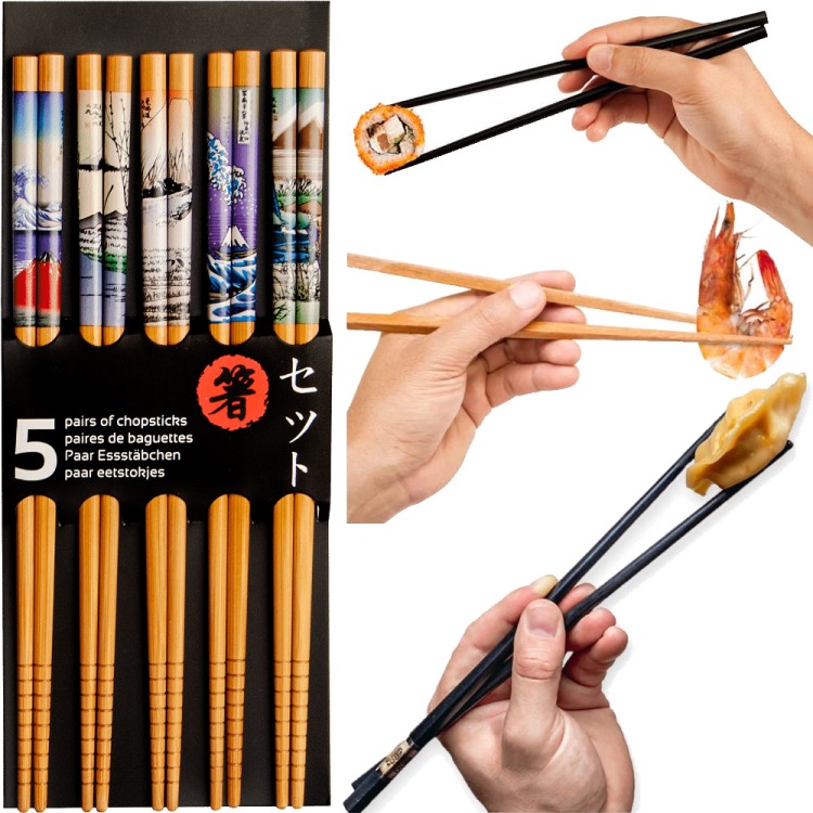 Jasne Drewniane Pałeczki z Kolorowym Motywem Fuji Do Sushi 5 Par 22,5cm EMRO AZIATICA