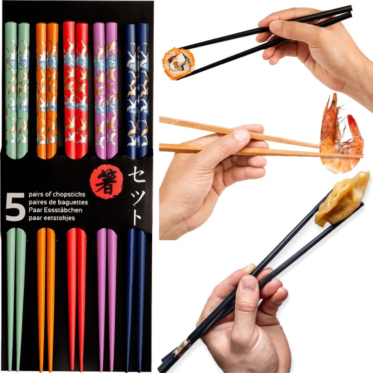 Kolorowe Drewniane Pałeczki z Złoto Srebrnym Motywem Żurawia Do Sushi 5 Par 22,5cm EMRO AZIATICA