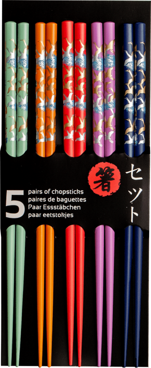 Kolorowe Drewniane Pałeczki z Złoto Srebrnym Motywem Żurawia Do Sushi 5 Par 22,5cm EMRO AZIATICA