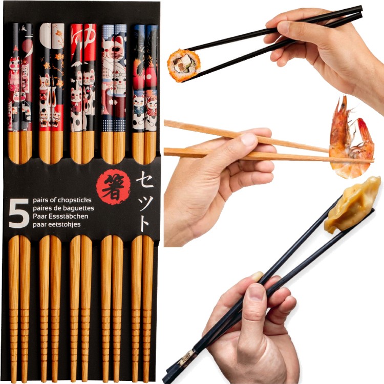 Jasne Drewniane Pałeczki z Kolorowym Motywem Kotka Maneki Neko Do Sushi 5 Par 22,5cm EMRO AZIATICA