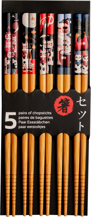 Jasne Drewniane Pałeczki z Kolorowym Motywem Kotka Maneki Neko Do Sushi 5 Par 22,5cm EMRO AZIATICA
