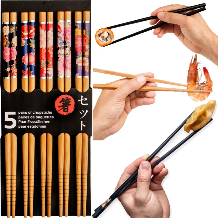 Jasne Drewniane Pałeczki z Kolorowym Motywem Kwiatów Do Sushi 5 Par 22,5cm EMRO AZIATICA