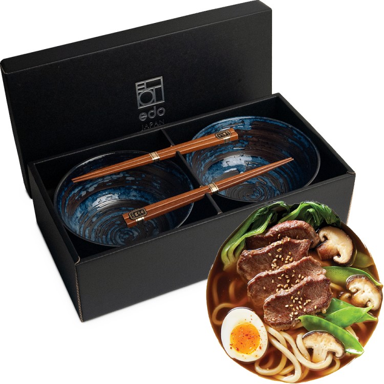 Zestaw Niebieskich Misek 17cm Do Makaronu Zupy Udon z Pałeczkami UZU EDO JAPAN