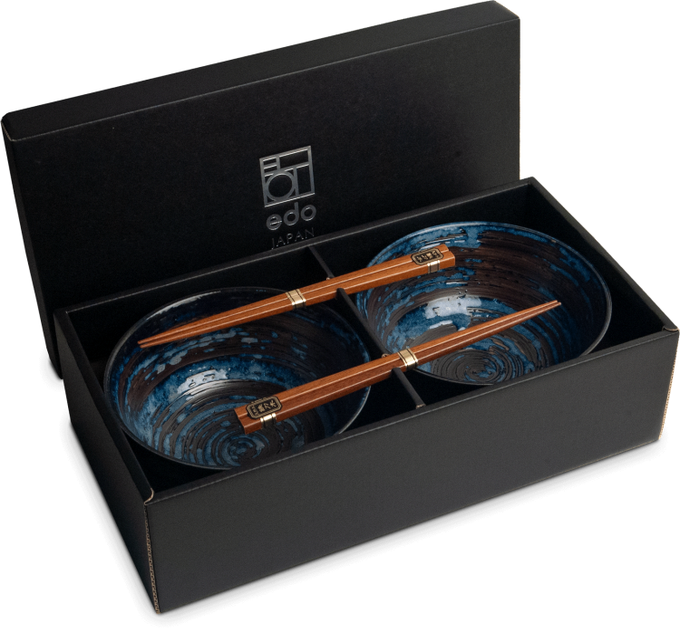 Zestaw Niebieskich Misek 17cm Do Makaronu Zupy Udon z Pałeczkami UZU EDO JAPAN