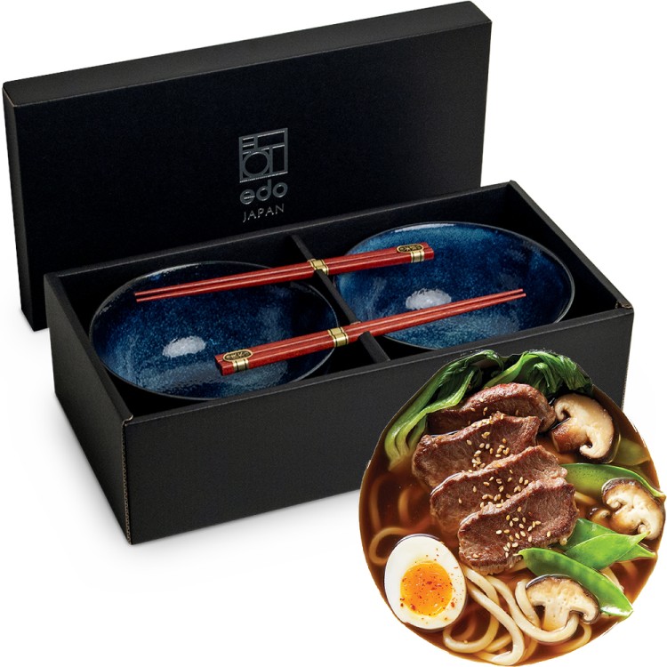 Zestaw Niebieskich Misek 17cm Do Makaronu Zupy Udon z Pałeczkami IZAYOI EDO JAPAN