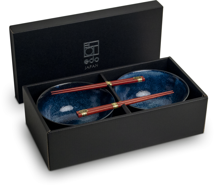 Zestaw Niebieskich Misek 17cm Do Makaronu Zupy Udon z Pałeczkami IZAYOI EDO JAPAN