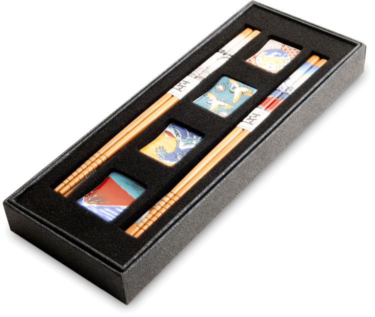 Zestaw Eleganckich Japońskich Pałeczek z Podstawką w Pudełku Japoński Motyw 4 Pary 22,5cm