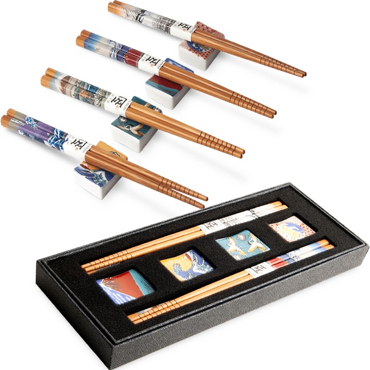 Zestaw Eleganckich Japońskich Pałeczek z Podstawką w Pudełku Japoński Motyw 4 Pary 22,5cm
