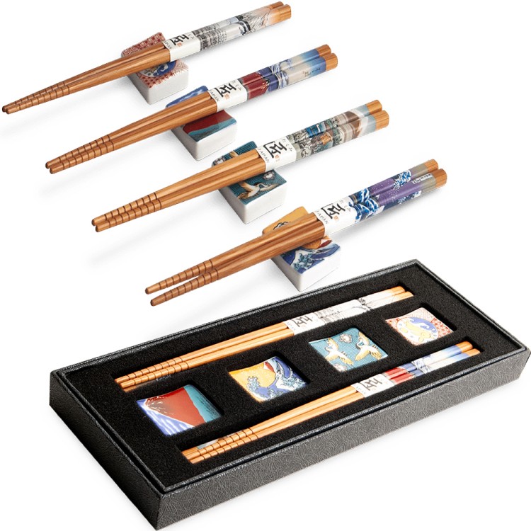 Zestaw Eleganckich Japońskich Pałeczek z Podstawką w Pudełku Japoński Motyw 4 Pary 22,5cm