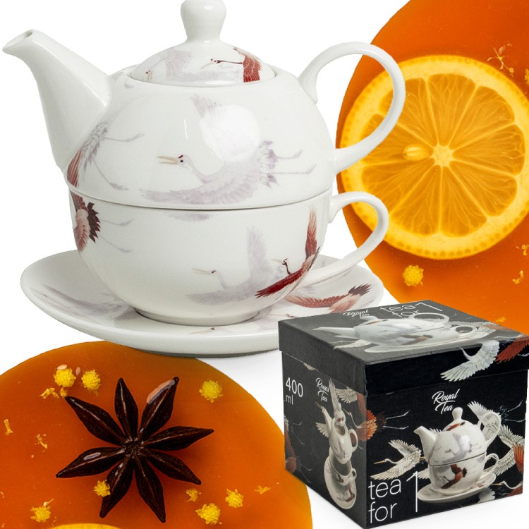 Japoński Biały Zestaw Do Herbaty Dla Jednej Osoby TEA FOR ONE Motyw Żuraw 400ml ROYAL TEA