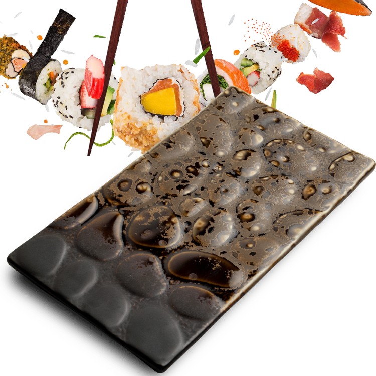 Ceramiczny Ciemny Talerz Do Serwowania Sushi Yaketa Brązowo Czarny Wyjątkowy Kształt 25,5cm x 14,5cm EMRO AZIATICA