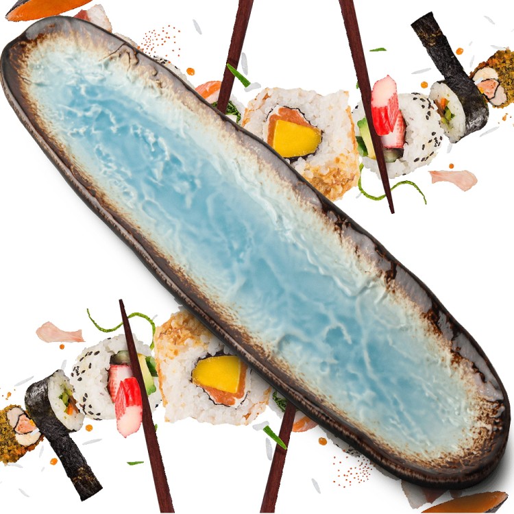Ceramiczny Talerz Do Serwowania Sushi Yaketa Brązowo Błękitny Zaokrąglony 41cm x 11,5cm EMRO AZIATICA