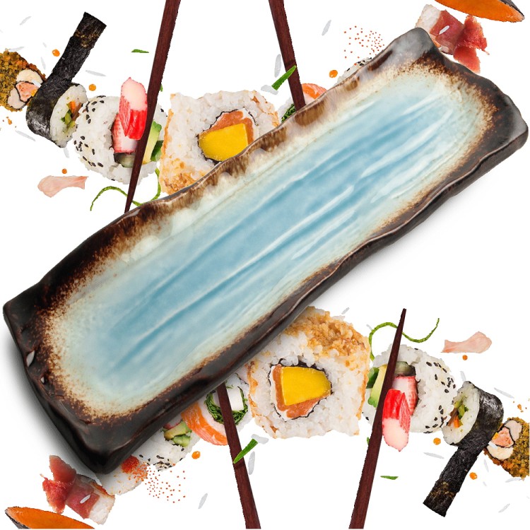Ceramiczny Talerz Do Serwowania Sushi Yaketa Brązowo Błękitny Prostokątny 32cm x 11cm EMRO AZIATICA