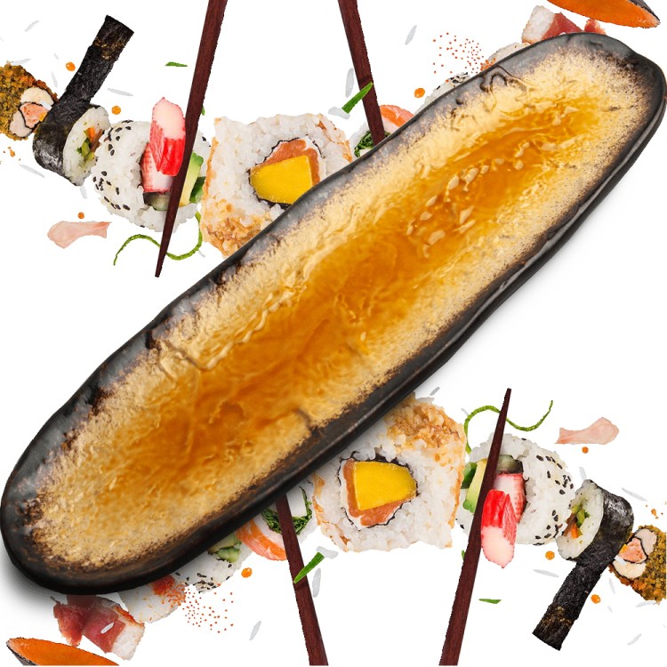 Ceramiczny Talerz Do Serwowania Sushi Yaketa Brązowo Pomarańczowy Zaokrąglony  41cm x 11,5cm EMRO AZIATICA