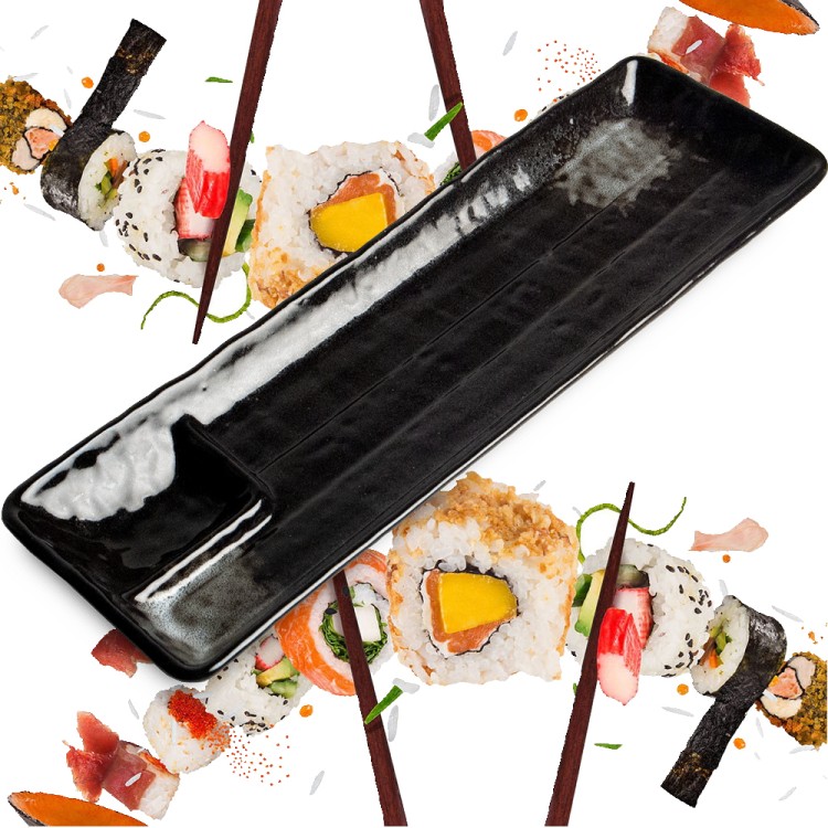 Ceramiczny Czarno Szary Talerz Do Serwowania Sushi z Miejscem Na Sos 33,5cm x 10,5cm x 2,5cm EDO JAPAN