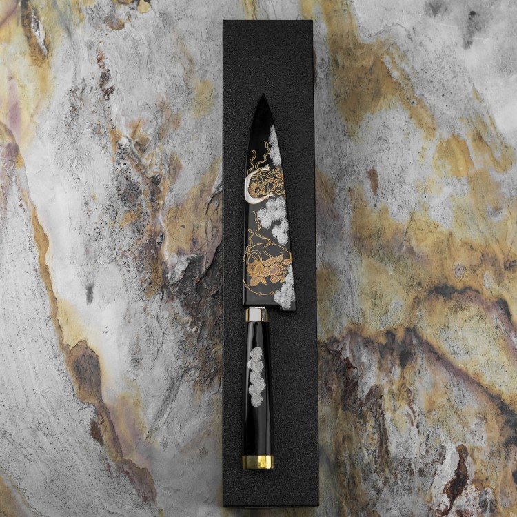 Takeshi Saji Art Fujin Raijin Ręcznie Kuty R-2 Japoński Nóż Kuchenny Uniwersalny 13cm + Saya