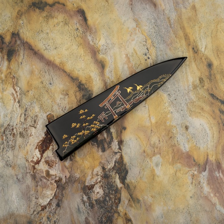 Takeshi Saji Art Tori Fuji On Lake Ręcznie Kuty R-2 Japoński Nóż Kuchenny Uniwersalny 13cm + Saya