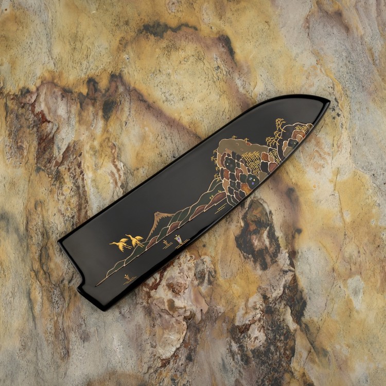 Takeshi Saji Art Fuji On Lake Ręcznie Kuty R-2 Japoński Nóż Kuchenny Santoku 18cm + Saya