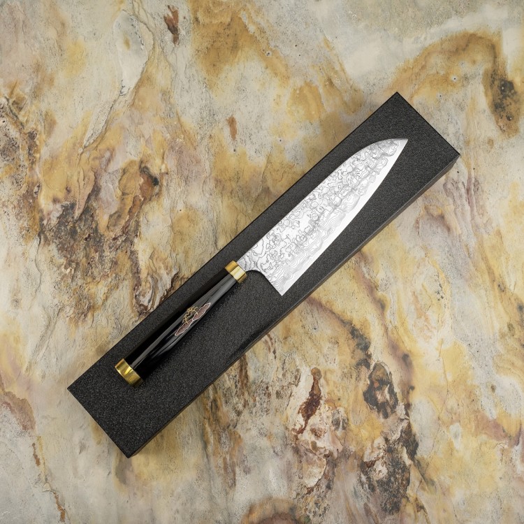 Takeshi Saji Art Tori Fuji On Lake Ręcznie Kuty R-2 Japoński Nóż Kuchenny Santoku 18cm + Saya