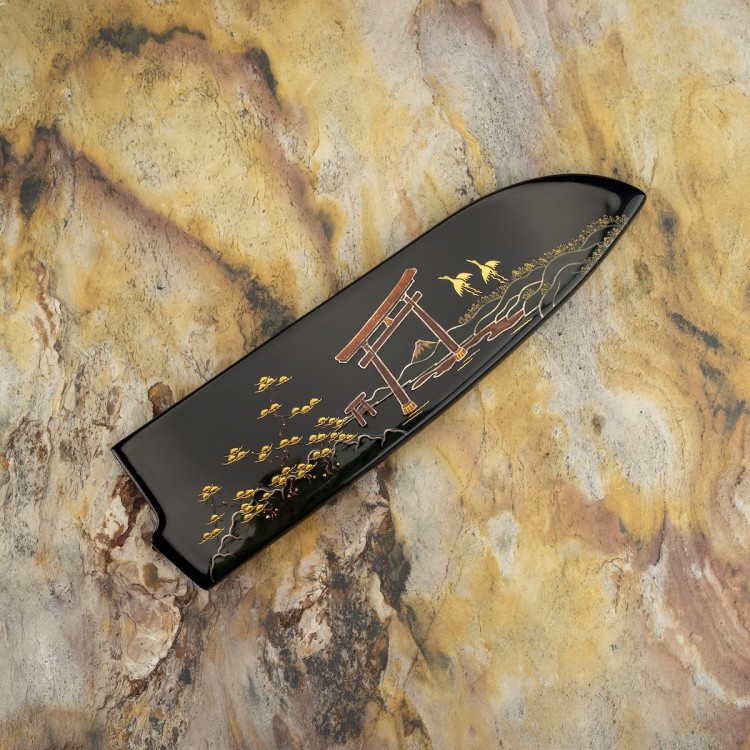 Takeshi Saji Art Tori Fuji On Lake Ręcznie Kuty R-2 Japoński Nóż Kuchenny Santoku 18cm + Saya