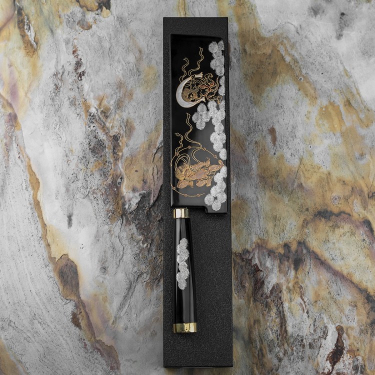 Takeshi Saji Art Fujin Raijin Ręcznie Kuty R-2 Japoński Nóż Kuchenny Nakiri 17cm + Saya