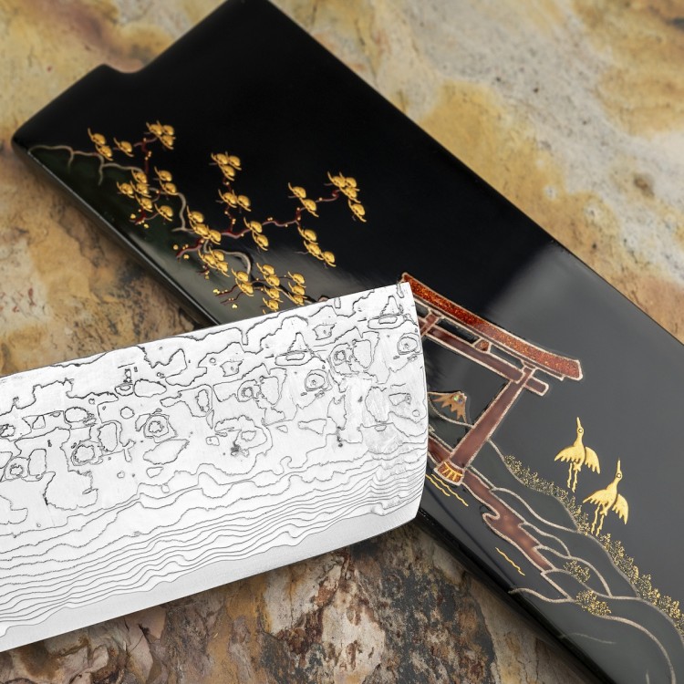 Takeshi Saji Art Tori Fuji On Lake Ręcznie Kuty R-2 Japoński Nóż Kuchenny Nakiri 17cm + Saya