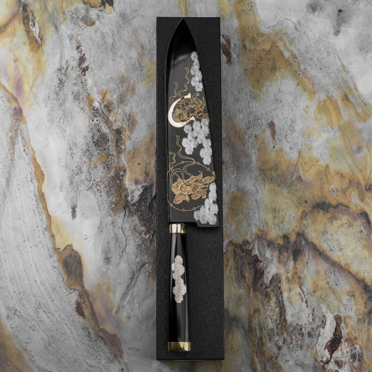 Takeshi Saji Art Fujin Raijin Ręcznie Kuty R-2 Japoński Nóż Kuchenny Szefa Kuchni 21cm + Saya