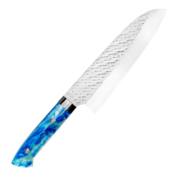 Takeshi Saji STRIX Blue Acrylic Ręcznie Kuty Japoński Ostry Nóż Kuchenny Santoku 18cm