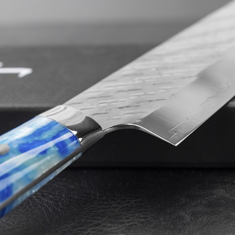 Takeshi Saji STRIX Blue Acrylic Ręcznie Kuty Japoński Ostry Nóż Kuchenny Santoku 18cm