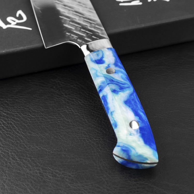 Takeshi Saji STRIX Blue Acrylic Ręcznie Kuty Japoński Ostry Nóż Kuchenny Santoku 18cm