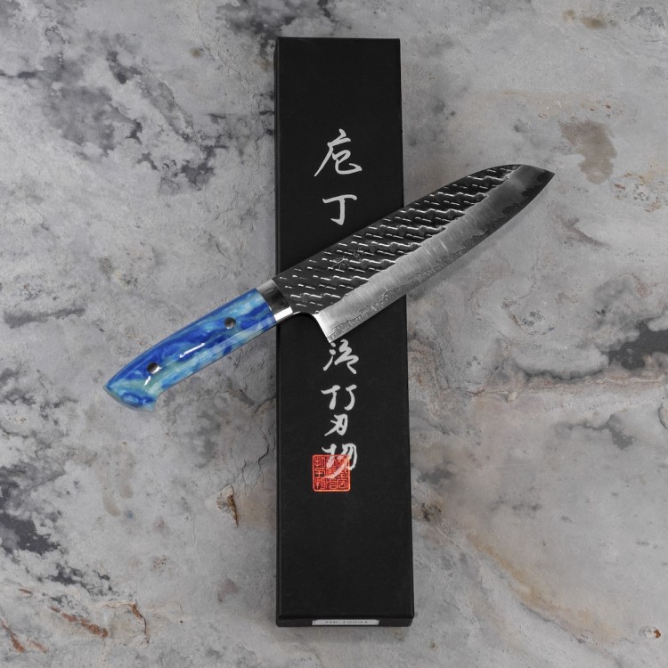 Takeshi Saji STRIX Blue Acrylic Ręcznie Kuty Japoński Ostry Nóż Kuchenny Santoku 18cm