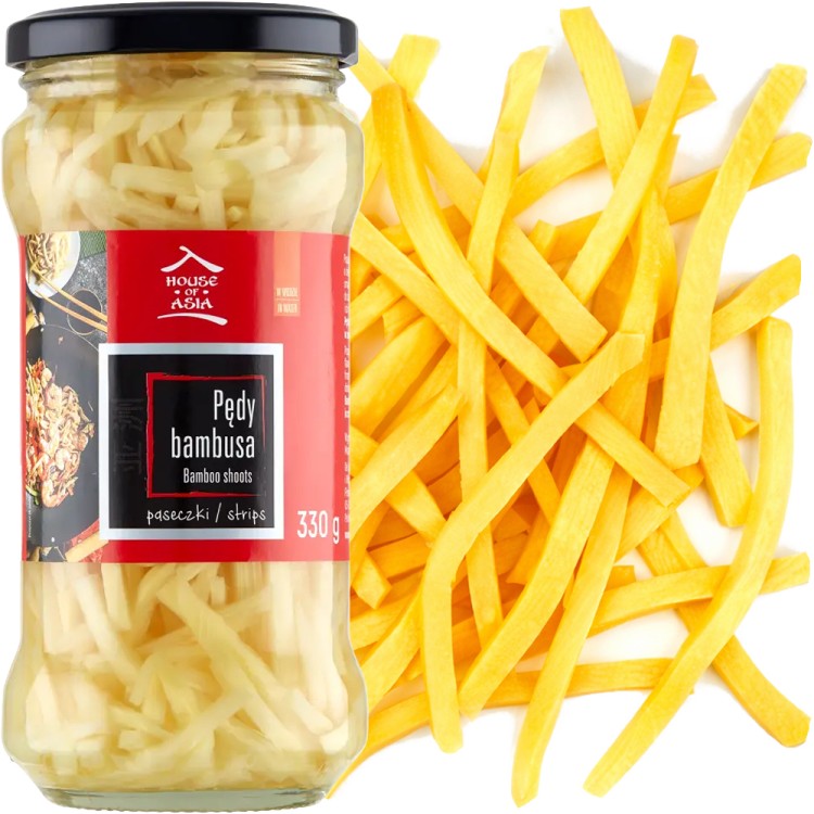 Chińskie Chrupiące Pędy Bambusa Paski Nitki w Słoiczku Do Woka i Sałatek 330g HOUSE OF ASIA
