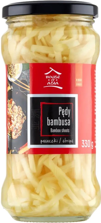 Chińskie Chrupiące Pędy Bambusa Paski Nitki w Słoiczku Do Woka i Sałatek 330g HOUSE OF ASIA