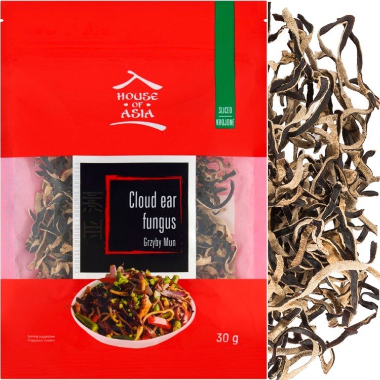 Chińskie Suszone Grzyby MUN Cloud Ear Fungs Nitki Cięte Krojone 30g HOUSE OF ASIA