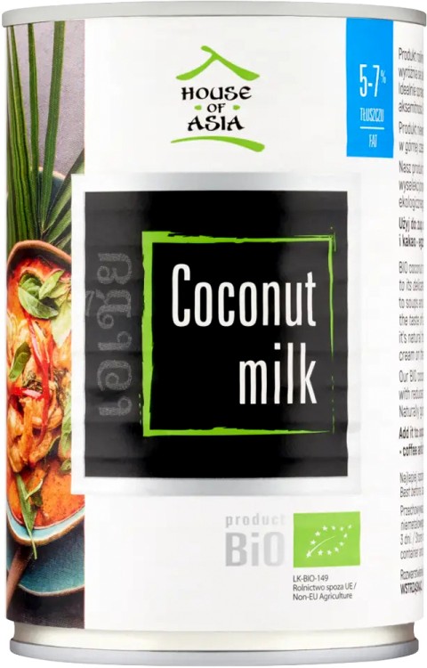 Naturalne BIO Mleko Mleczko Kokosowe 5-7% Tłuszczu 400ml HOUSE OF ASIA