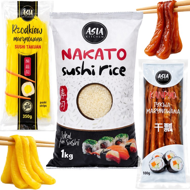 ZESTAW RYŻ DO SUSHI i DODATKI Ryż Nakato 1kg + Rzodkiew Oshinko 350g + Tykwa Kampyo 100g ASIA KITCHEN