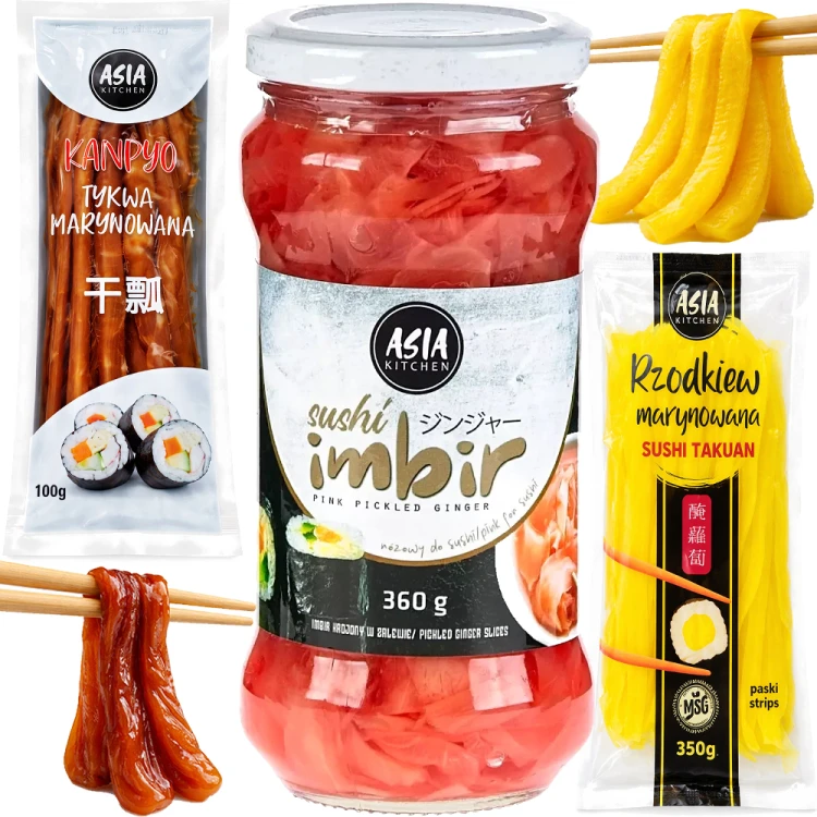 ZESTAW 3 DODATKI DO SUSHI Imbir Różowy 360g + Rzodkiew Oshinko 350g + Tykwa Kampyo 100g  ASIA KITCHEN